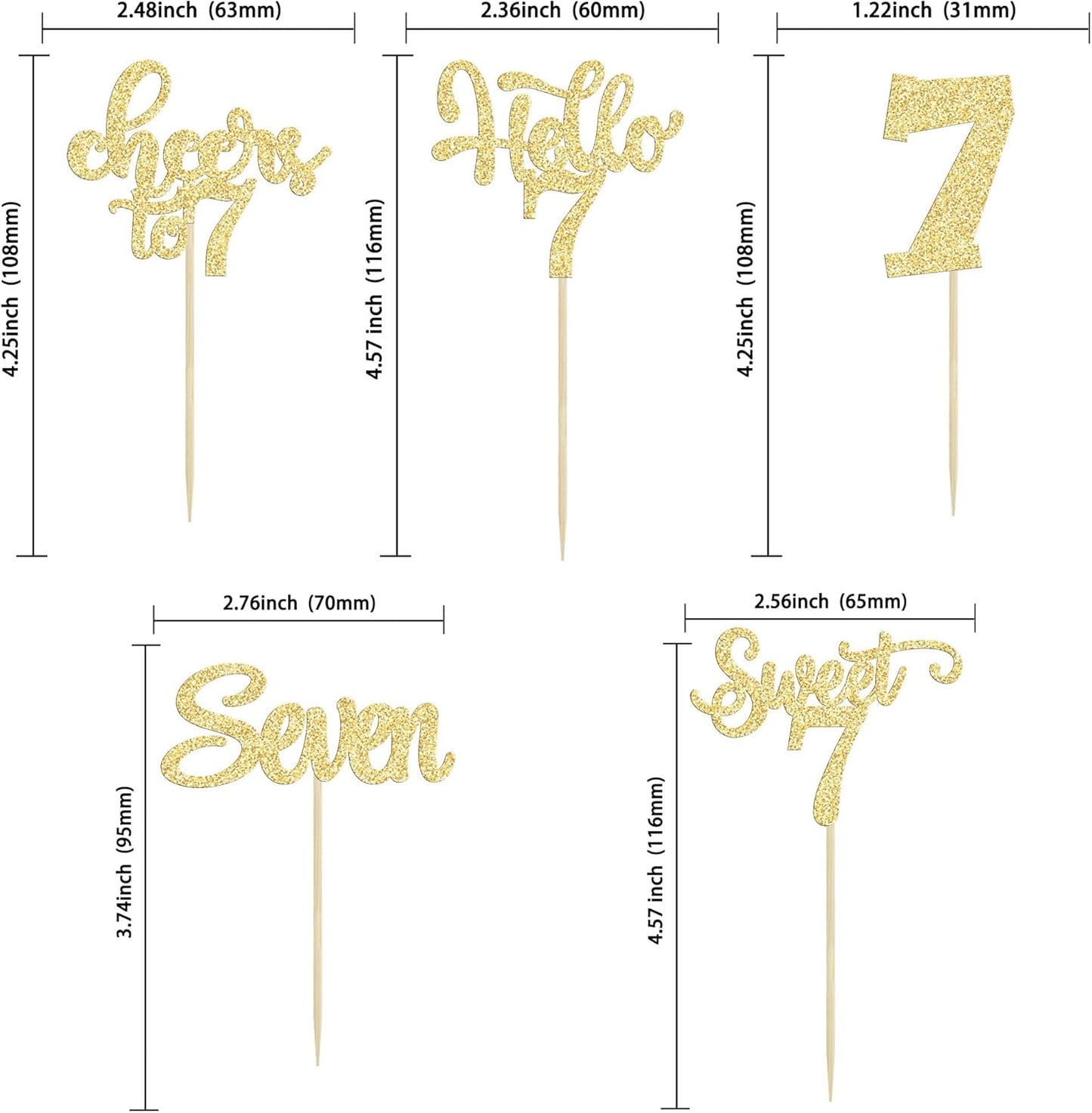 30Pcs 7th Birthday Cupcake Toppers Glitter Seven Happy 7 Cupcake Picks Cheers to 7 Years Old Cake Decorations for 7th Birthday Party Supplies Gold