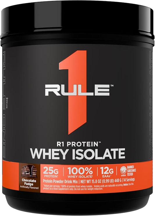 Rule 1 R1 Protein Whey Isolate - with 25g Protein & 6g BCAA Exclusively from Isolated & Hydrolyzed Sources for Workout Recovery (1 Pound*, Chocolate Fudge)