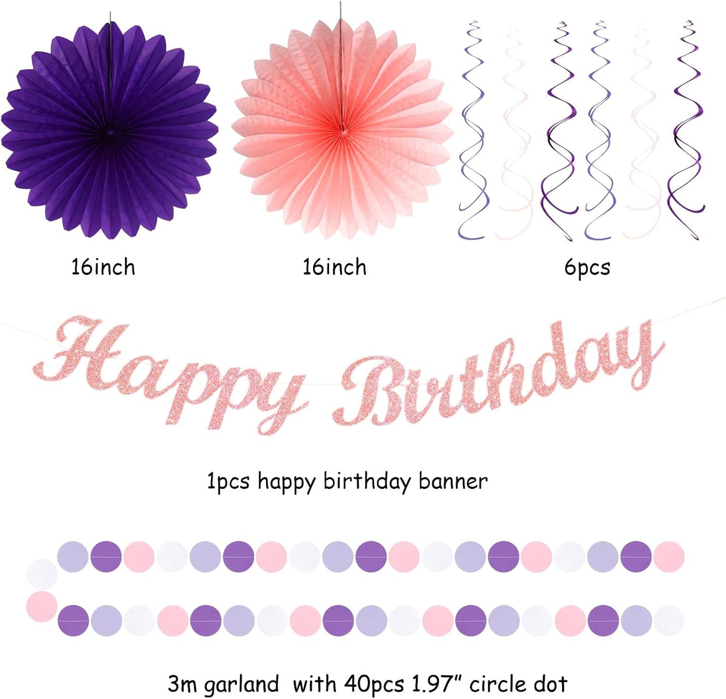 Purple Lilac-Lavender Pink Women Birthday Party-Decorations - 21pcs Happy Banner,Paper Lanterns Honeycomb,Tissue Pom Poms Flower Fan,Classroom Hanging Streamers Garland,Girls Decor Supplies Huglony