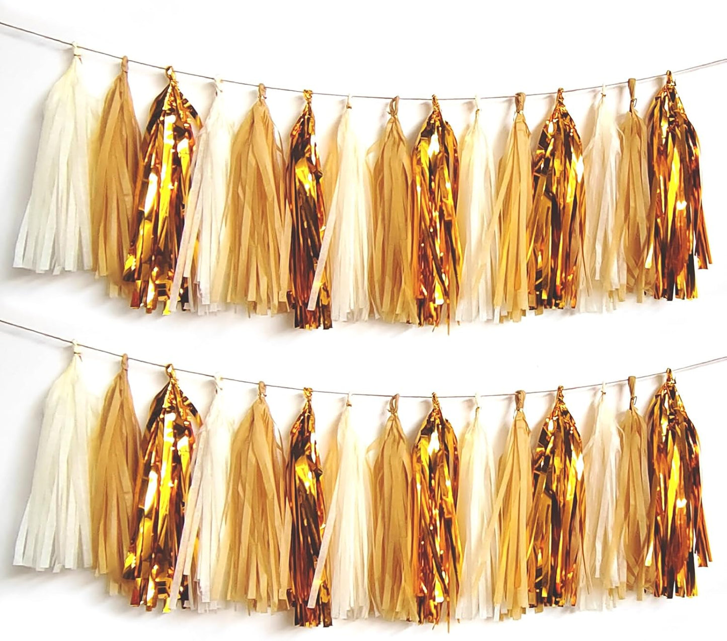 Shiny Tassel Garland Tissue Paper Tassel Banner,Tassels Party Decorations for Wedding,Birthday,Bridal/Baby Shower,Pack of 15 (Gold/Tan/Ivory)