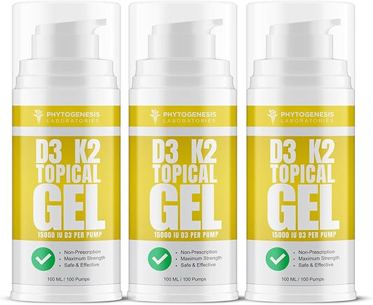 Vitamin D3 K2 Maximum Strength Topical Gel - 15000+ IU Per Pump - The Sunshine Vitamin - Supports Bone & Joint Health, Immune Support - One Month Supply