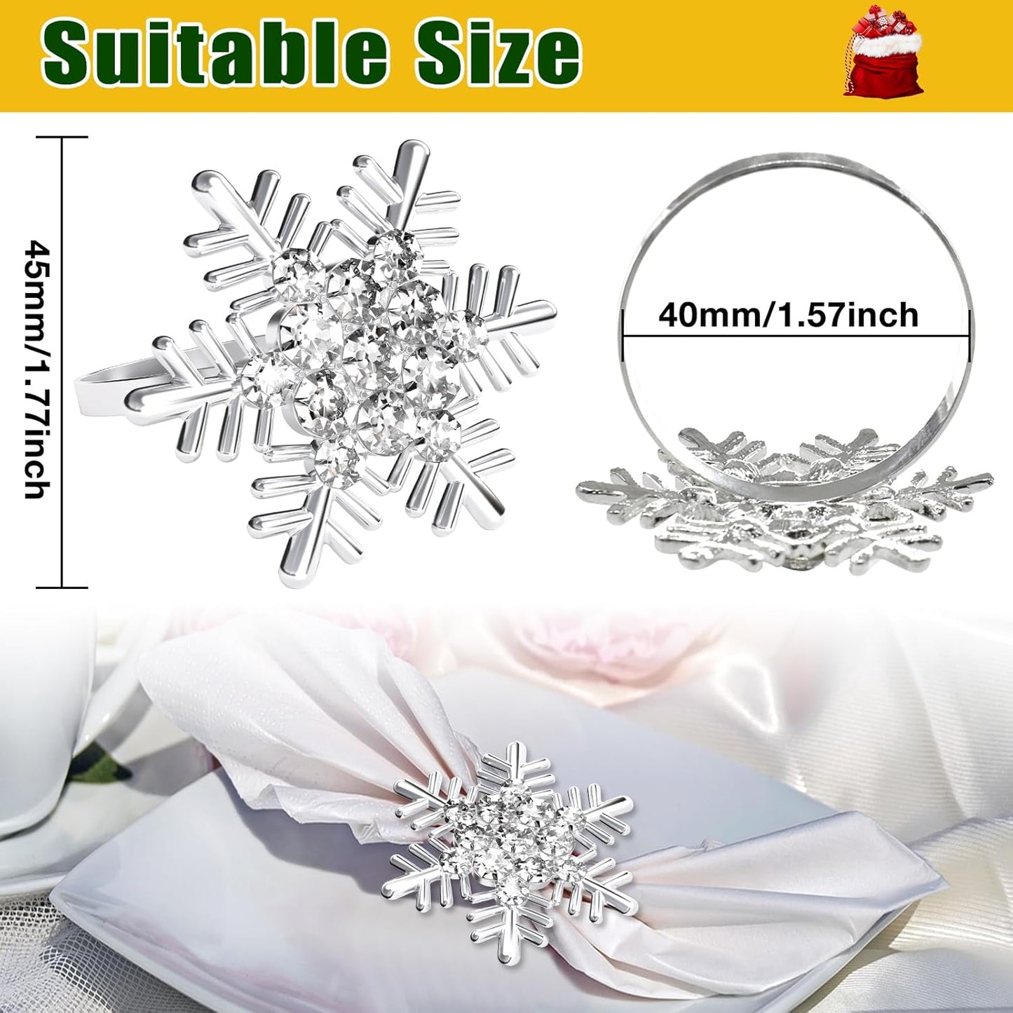 Halatool Christmas Napkin Rings Set of 8, Silver Snowflake with White Rhinestone Napkin Holder for Christmas Thanksgiving Winter Holiday Place Setting, Weddings, Party Table Decoration