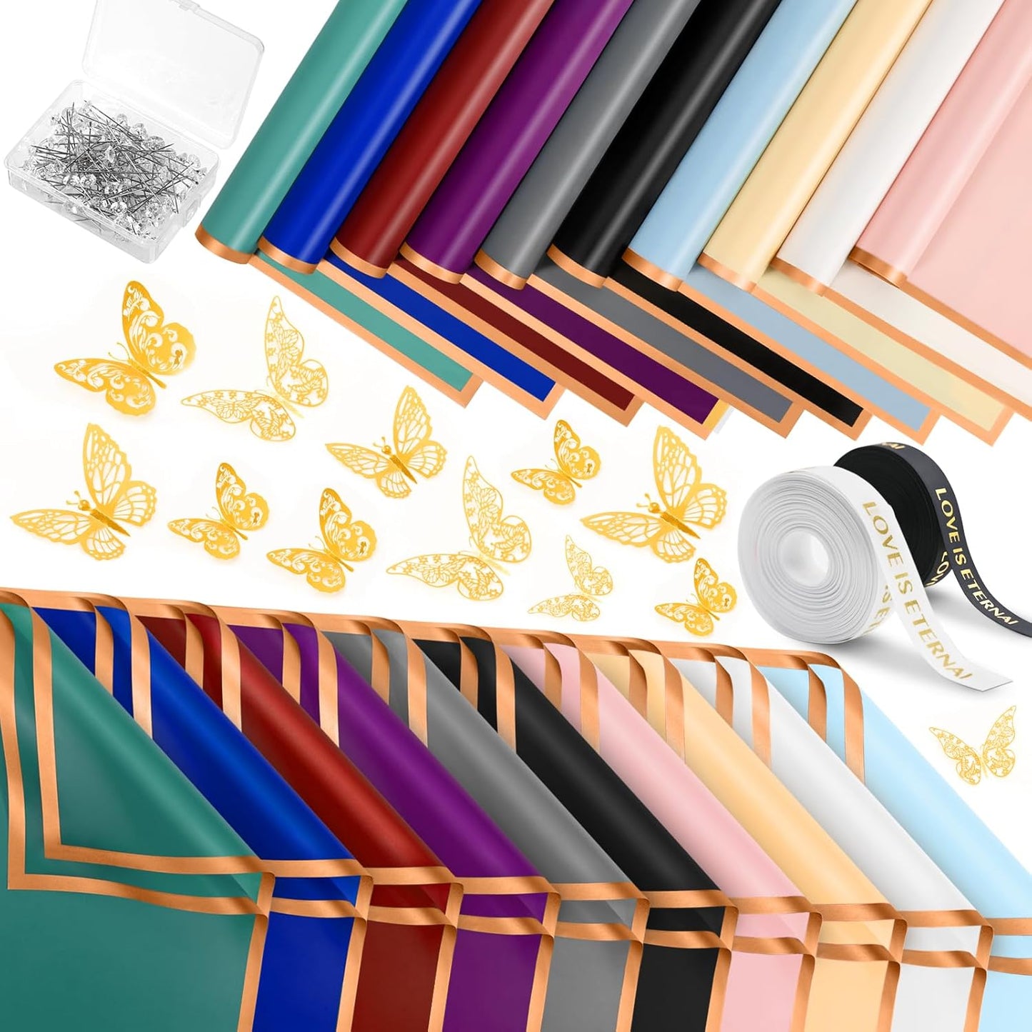 NESCCI 200 Sheets Flower Wrapping Paper - Waterproof Florist Bouquet Paper,70Ft Satin Ribbon, 36 Pcs 3D Butterflies 100 PCS Flower Pins for Wedding Birthday Gift DIY (10 Colors)