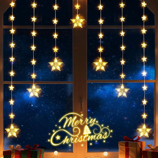 46 Stars Christmas Window Lights, IP65 Waterproof 74 LEDs Twinkle Star Curtain Lights with 8 Modes Timer, Warm White Battery Operated Hanging Christmas Star Decoration for Indoor Outdoor Xmas Bedroom