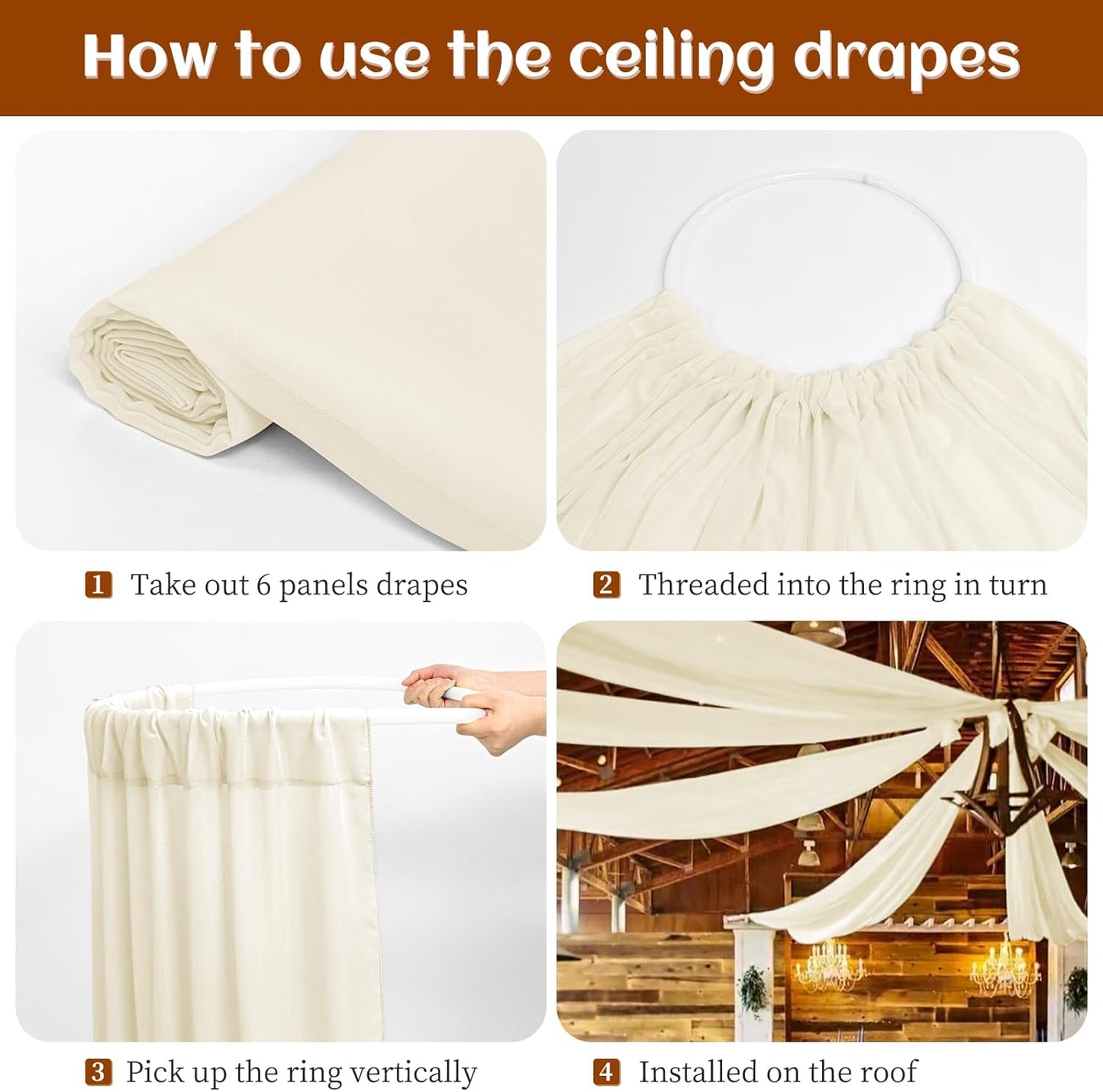 6 Panels Ivory Ceiling Drapes 5ftx20ft Wedding Ceiling Drapes Chiffon Fabric Arch Draping Sheer Curtains Soft Drapery Draping Wedding Ceiling Decorations for Party Ceremony Stage Swag