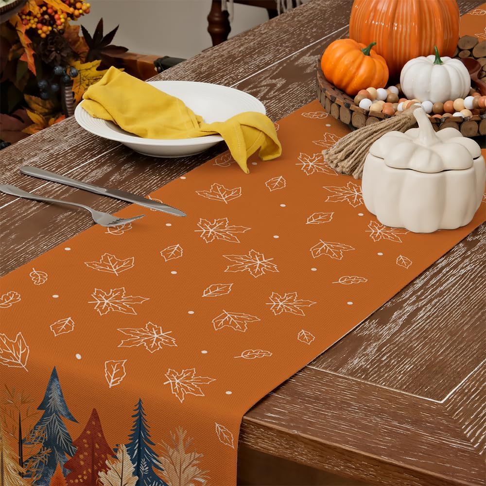 GEEORY Fall Watercolor Trees & Maple Leaves Table Runner 13x72 Inch, Rustic Farmhouse Autumn Thanksgiving Decor for Kitchen, Dining, Indoor/Outdoor Holiday Dinner Party Orange GT158-72