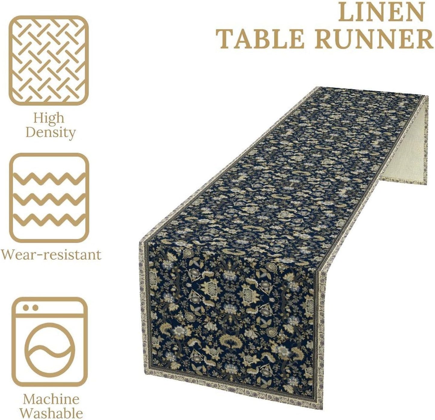 Vintage Boho Floral Table Runner, Morris Rustic Country Farmhouse Dark Blue Grey Retro Flower Pattern for Home Kitchen Table Decor Dining Coffee Room Party Decor 13x72in