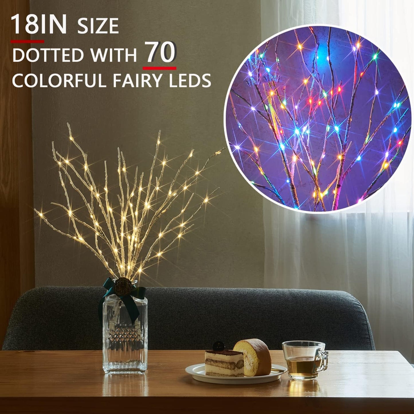Fudios Lighted Birch Branches with 70 Multicolor LED Fairy Lights 18in Battery Operated, Lit White Twig Branches Color Changing Lights for Christmas Party Decoration