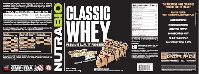NutraBio Classic Whey Protein Powder- 25G Protein Per Scoop -No Fillers, Artificial Colors, Preservatives - Low Glycemic Index - (Chocolate Peanut Butter, 5 Pounds)