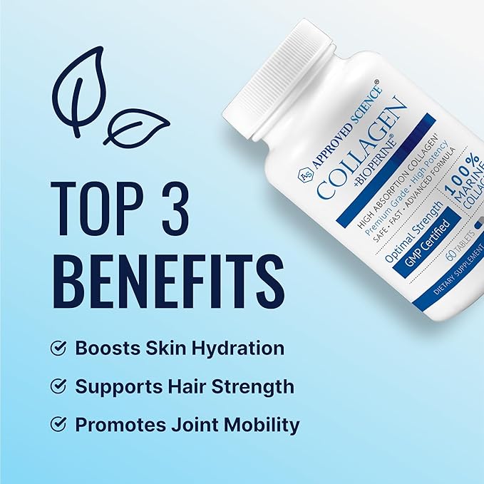 Approved Science Collagen Pills - Absorbable Marine Collagen Types I and III - 180 Tablets - Healthy Hair and Skin - Vitamin C, Sodium, and Bioperine for Fast Results - Non-GMO, Made in USA