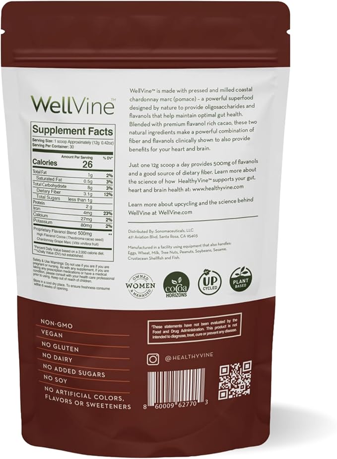 Nutrition Boosting Blend Supplement Powder for Brain, Gut & Heart Health | 100% Upcycled Chardonnay Grapes with Cocoa Flavanols| Plant-Based, Gluten and Allergen-Free for Men & Women | 12.7Oz