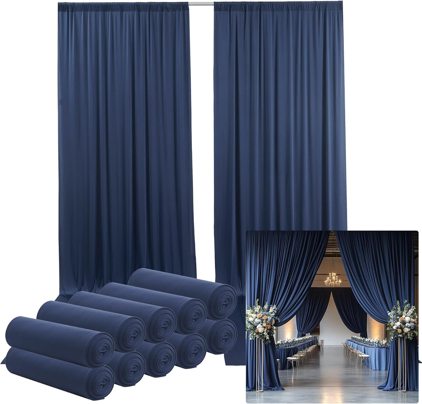 50ftx14FT Wrinkle Free Navy Blue Backdrop Curtain, 10 Panels 14FT Height Navy Blue Wedding Backdrop Drapes, Silky Polyester Back Drop Cloth for Birthday Photography Background Party Backdrop Draping
