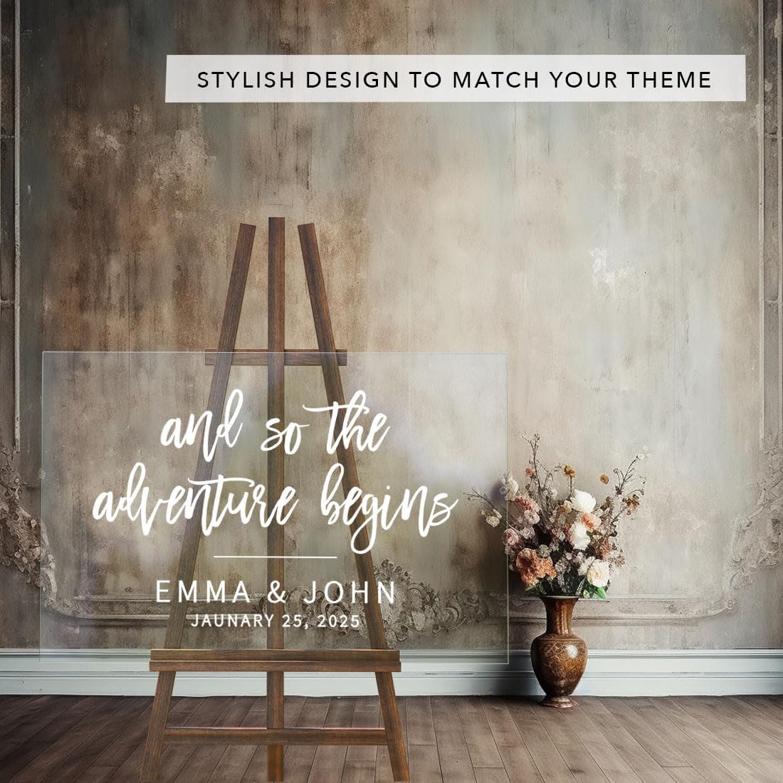 Andaz Press Custom Large Wedding Acrylic Sign, 16 x 24 Inches, The Adventure Begins, Personalized Sign, Welcome Sign For Modern Wedding Decor Welcome To Our Beginning