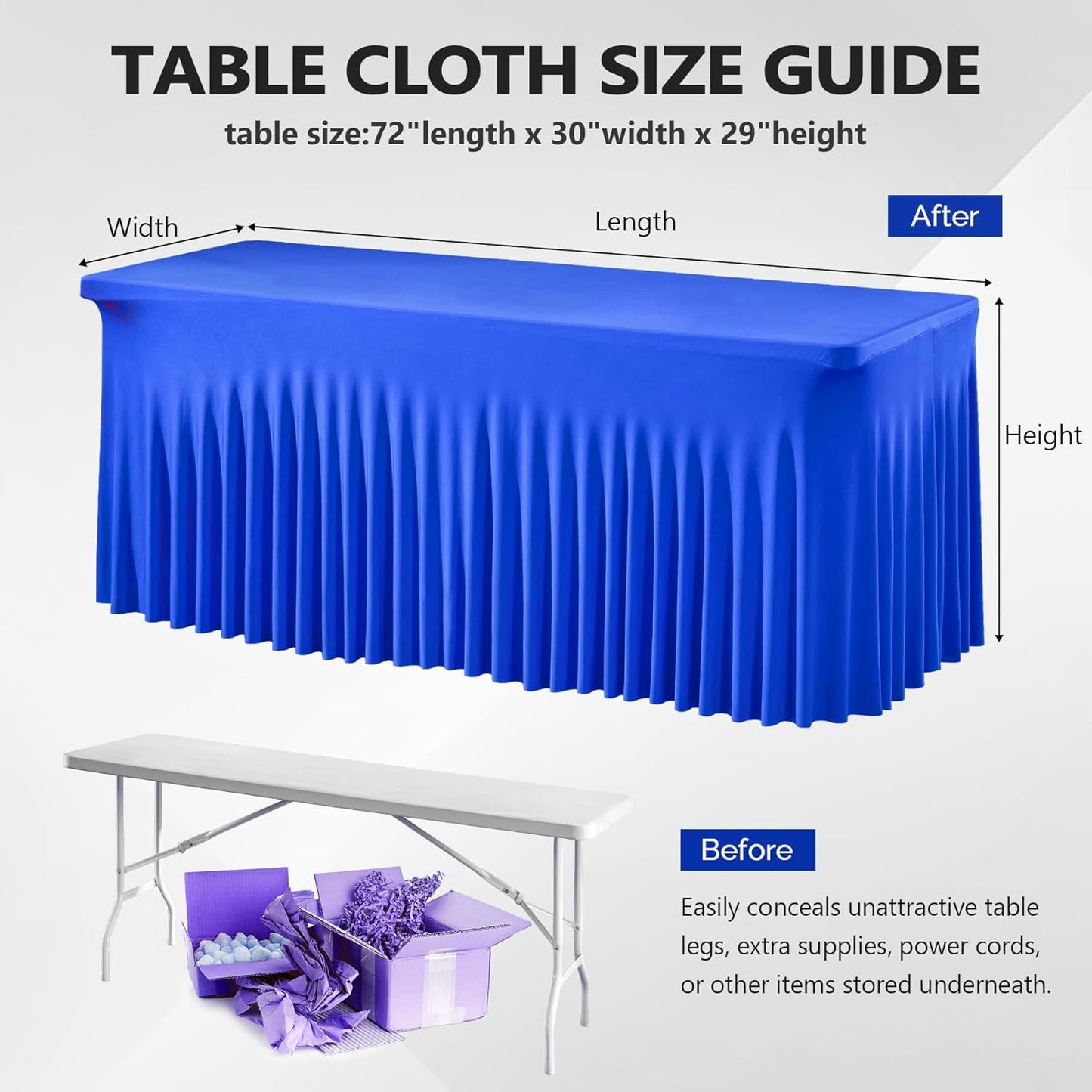 Wish Care 2 Pack Royal Blue Spandex Table Clothes for 6 Foot Rectangle Tables, 6FT Wrinkle Free Fitted Tablecloths Ruffles Design Table Cloth for Party, Banquet, Wedding and Events