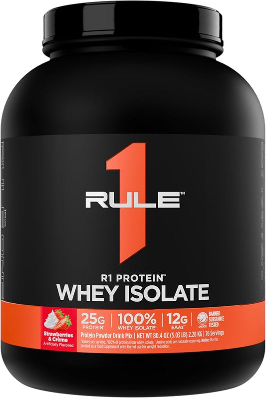Rule 1 R1 Protein Whey Isolate - with 25g Protein & 6g BCAA Exclusively from Isolated & Hydrolyzed Sources for Workout Recovery (5 Pounds*, Strawberries & Crème)