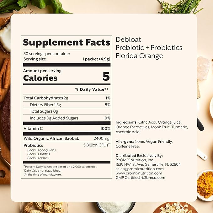 ProMix Nutrition Debloat Prebiotics and Probiotics with Baobab - Rich in Vitamin C, Bloating Relief, Immune Support - Orange - 30 Servings (Pack of 30)