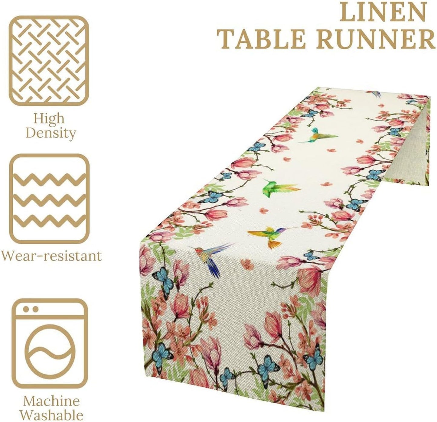 Vintage Watercolor Flower Hummingbird Table Runner Seasonal Spring Garden Plants Birds Florals Farmhouse Country Kitchen Dinner Runner Dining Table Decoration 13"x120"