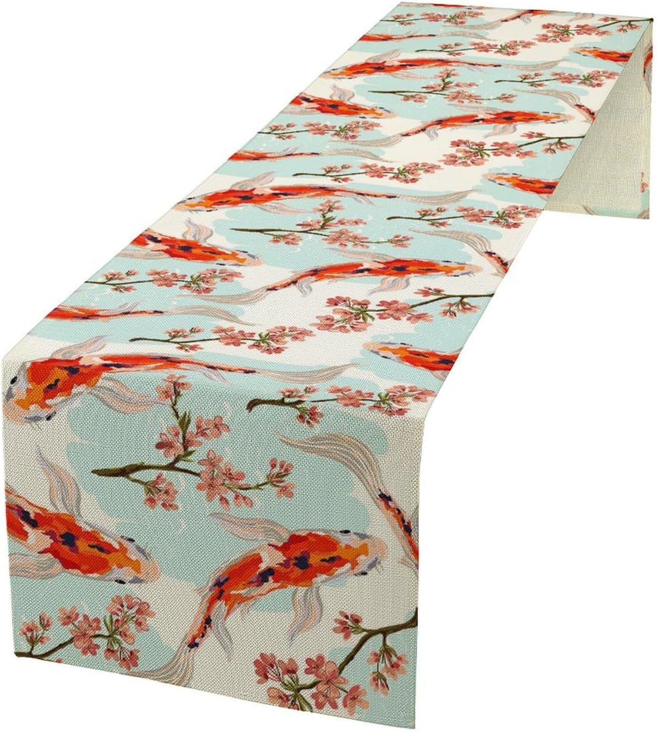 Japanese Kio Fish Table Runner Cherry Flower Art Printed Burlap Runner Home Kitchen Dining Table Living Room Decor Fabric 1 Panel W13xL70in