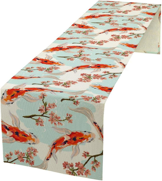 Japanese Kio Fish Table Runner Cherry Flower Art Printed Burlap Runner Home Kitchen Dining Table Living Room Decor Fabric 1 Panel W13xL70in