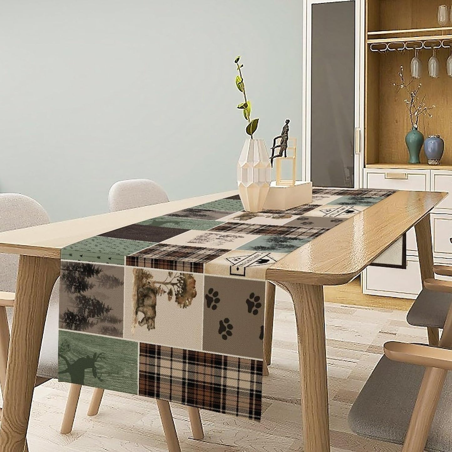 Bear Deer Table Runner,Rustic Lodge Retro Country Farmhouse Buffalo Plaid Print Tablecloth Burlap for Hotel Indoors Outdoor Dining Room Kitchen Home Decor,W13X L108 in