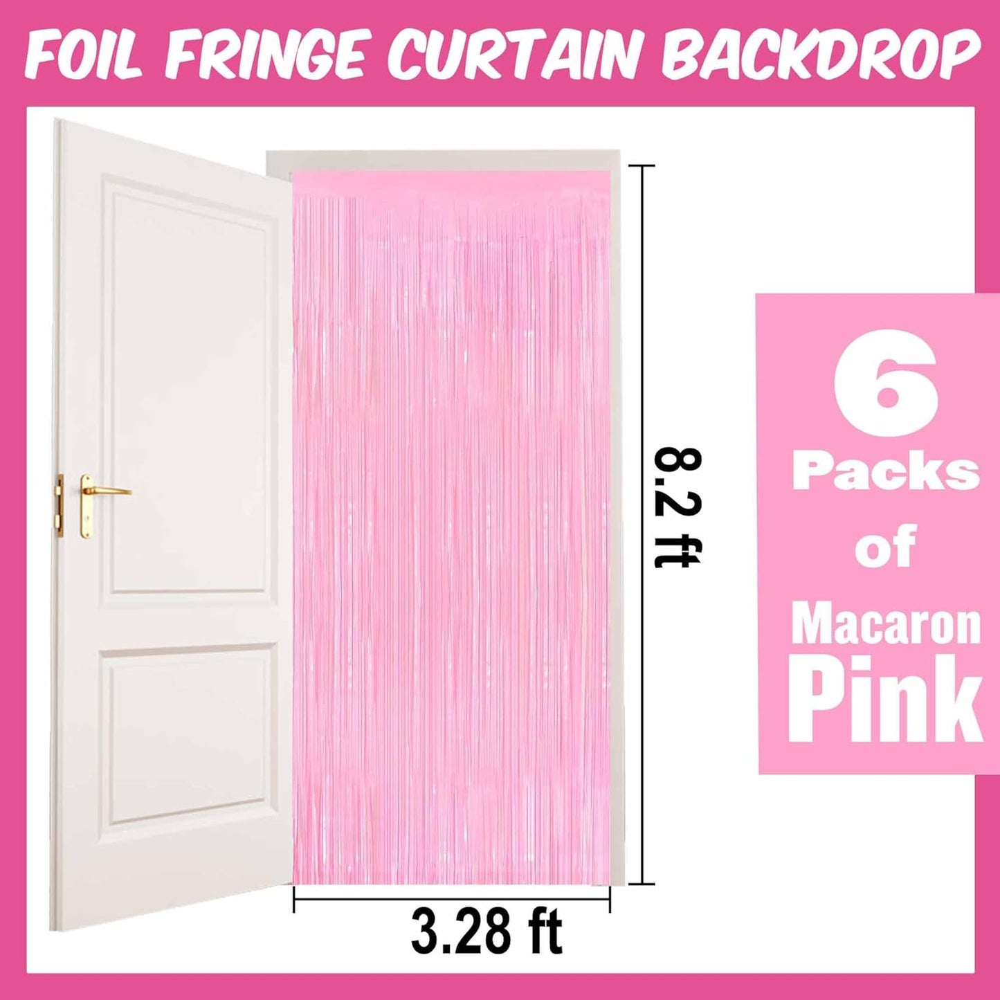 6 Pack Macaron Pink Foil Fringe Curtains Backdrop, 3.28 x 8.2 Ft Metallic Streamers Tinsel Curtains Background for Photo Booth, Birthday, Weddings, Carnivals, Graduation, Themed Party Decorations