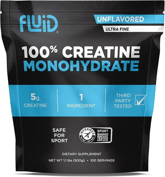 Fluid Creatine - 100% Creatine Monohydrate Powder, Unflavored, Informed Sport Certified, 5g per Serving (100 Servings)