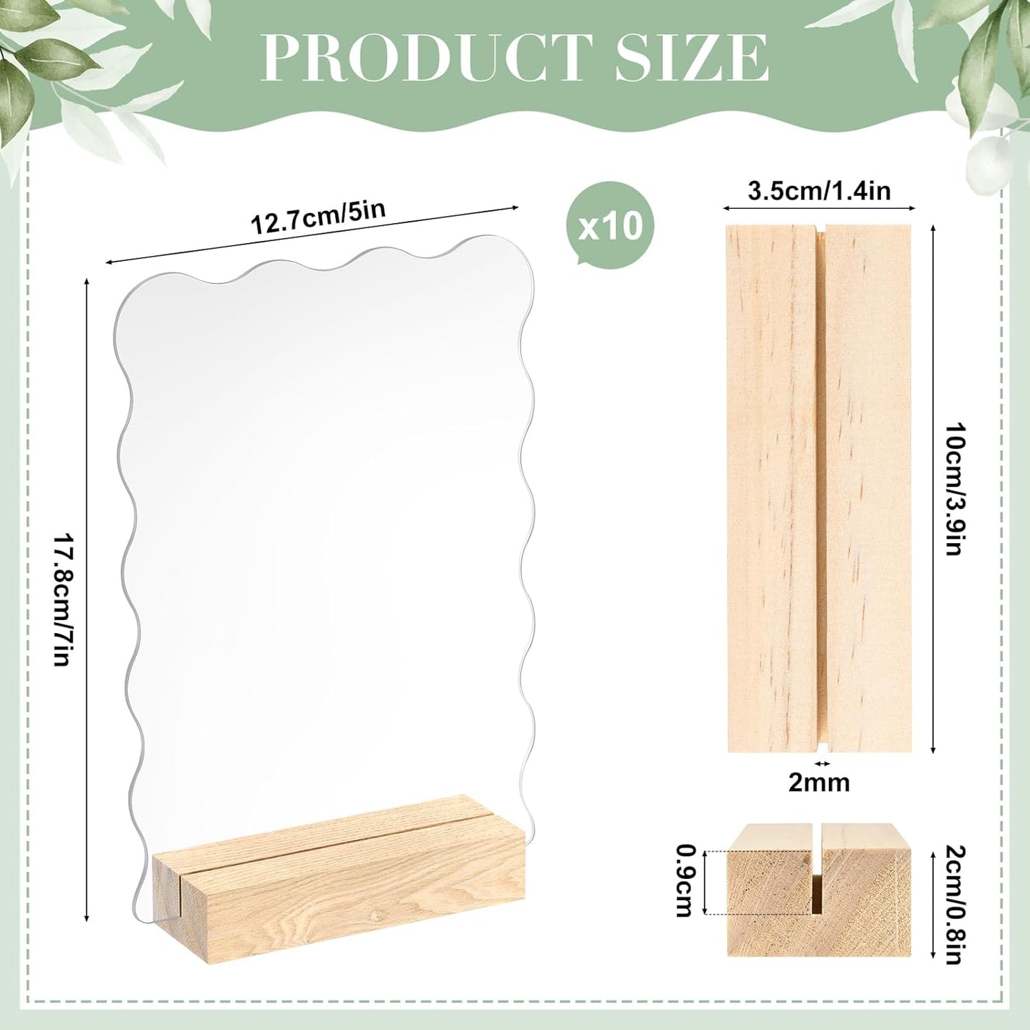 10 Pack 5x7 Inch Scalloped Acrylic Sign Blank Acrylic Sheets with Wood Base Clear Table Numbers for DIY Name Card Gifts Wedding Table Sign Event Party Decoration