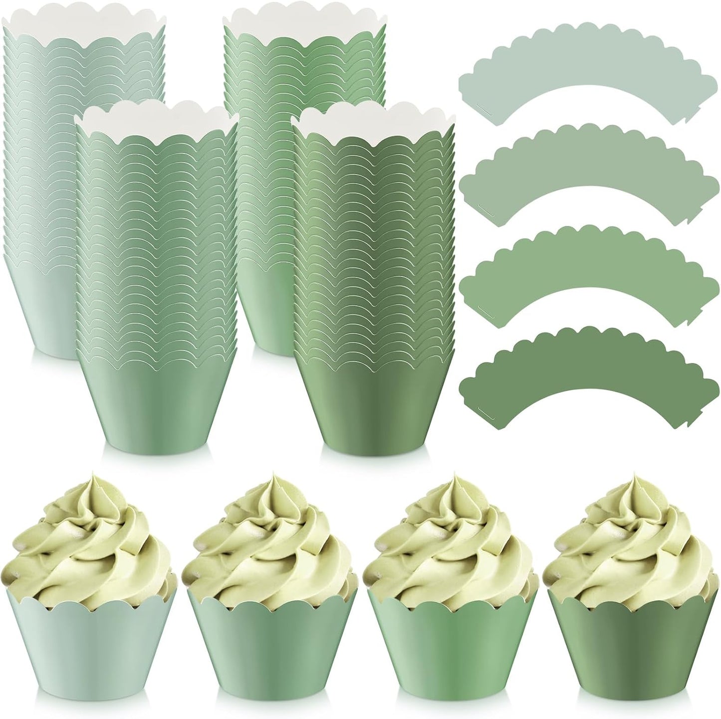 Domensi 100 Pcs Sage Green Cupcake Wrappers Rustic Cupcake Liners Baking Cups Baking Liners for Spring Summer Wedding Bridal Baby Shower Birthday Party Supplies Dessert Decoration
