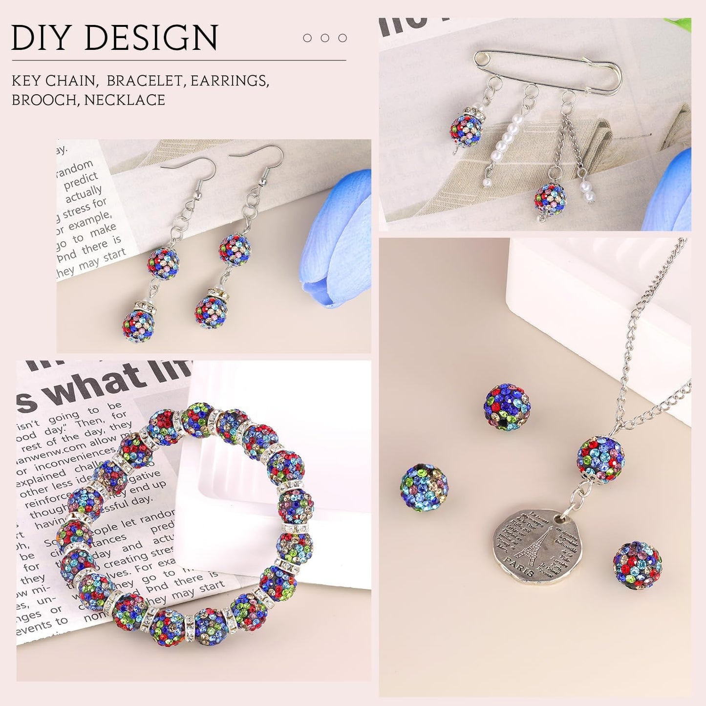 100pcs 10mm Rhinestone Beads for Jewelry Making, Black Mixed Shiny Round Shamballa Disco Beads Bulk, Sparkle Crystal Clay Christmas for Bracelet Baseball Necklace Earring Crafting and DIY