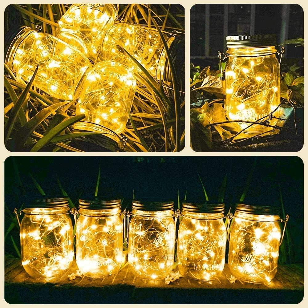 SunKite Solar Mason Jar Lights(NO Jars), 12 Pack 30 LED Waterproof Fairy Firefly Jar Lids String Lights with Hangers, Patio Yard Garden Wedding Decoration - Warm White
