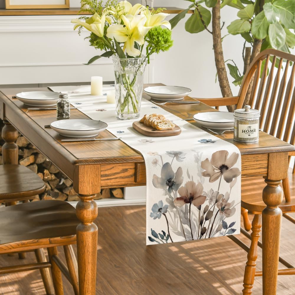 Artoid Mode Brown Poppy Floral Leaves Spring Table Runner, Seasonal Summer Kitchen Dining Table Decoration for Home Party Decor 13x120 Inch