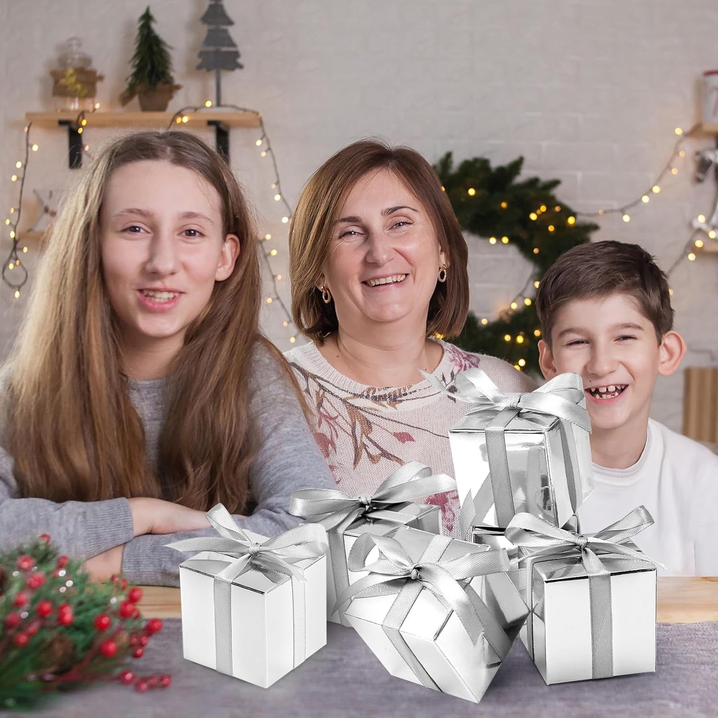 COCPOK 50 Pack Silver Gift Boxes, 2x2x2 inch Gift Box, Small Candy Boxes with Lids and Ribbons, Paper Favor Box for Wedding Bridal Shower Baby Shower Birthday Party