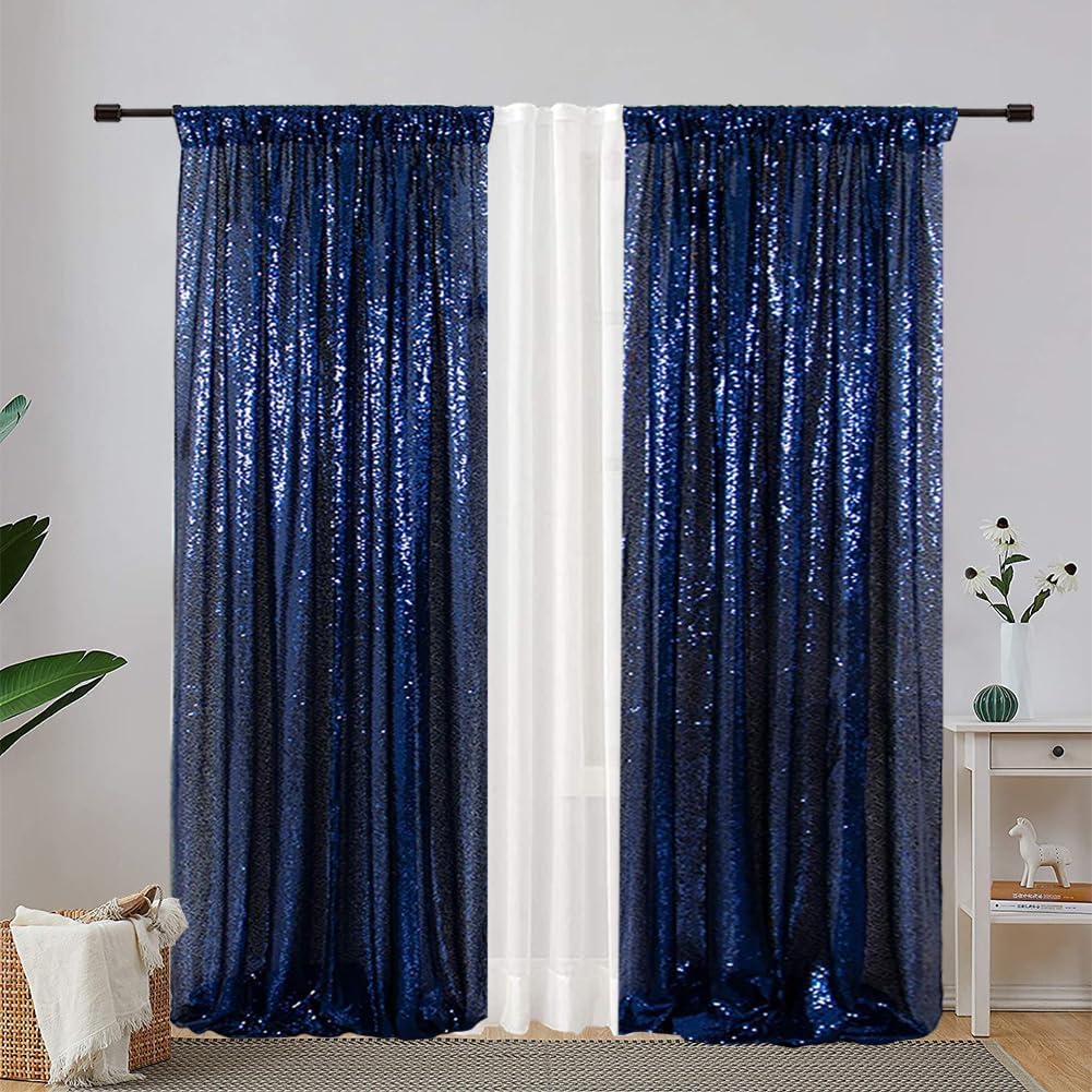 Eternal Beauty Sequin Backdrop Curtains, 2x8 Ft-2 Panels Navy Blue Back Drop for Shimmer Photography Party Wedding Birthday Decor
