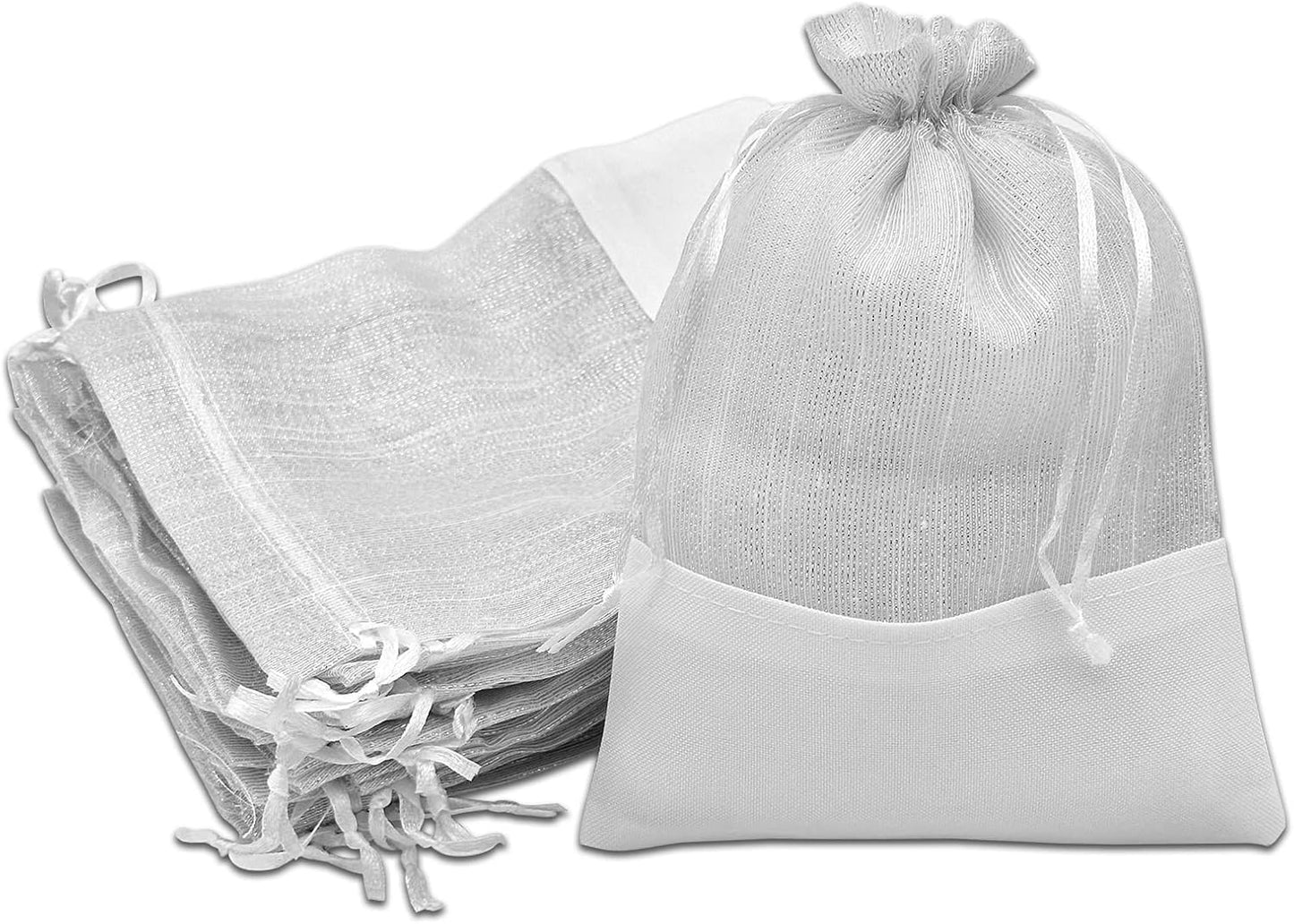 TheDisplayGuys For Your Modern Living 24-Pack Linen & White Organza Gift Bags with Drawstrings (Large 5 1/2 x 8) - Party Favors, Samples, Treats Mesh Pouches