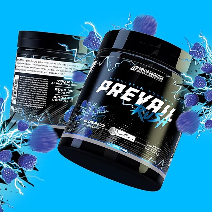 Cutler Nutrition High Stim Pre Workout Powder Prevail Rush Preworkout for Men & Women for Intense Pumps Energy and Focus with Caffeine NO3T Betaine and Dynamine | Sour Blue Razz (20 Servings)