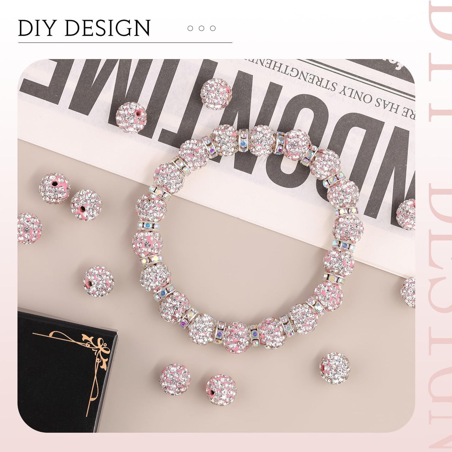 150pcs 10mm Rhinestone Beads for Jewelry Making, Pink White Shiny Round Shamballa Disco Ball Beads Bulk, Sparkle Crystal Clay Christmas for Bracelet Baseball Necklace Earring Crafting and DIY