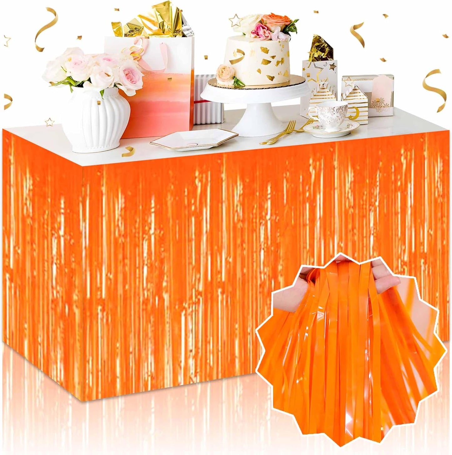 3 Pack 29 x108 Inch Macaron Orange Foil Fringe Table Skirts Metallic Banner for Tinsel Streamer Garland Backdrop for Parade Floats Mother's Day, Graduate, Birthday, Wedding Party Decoration