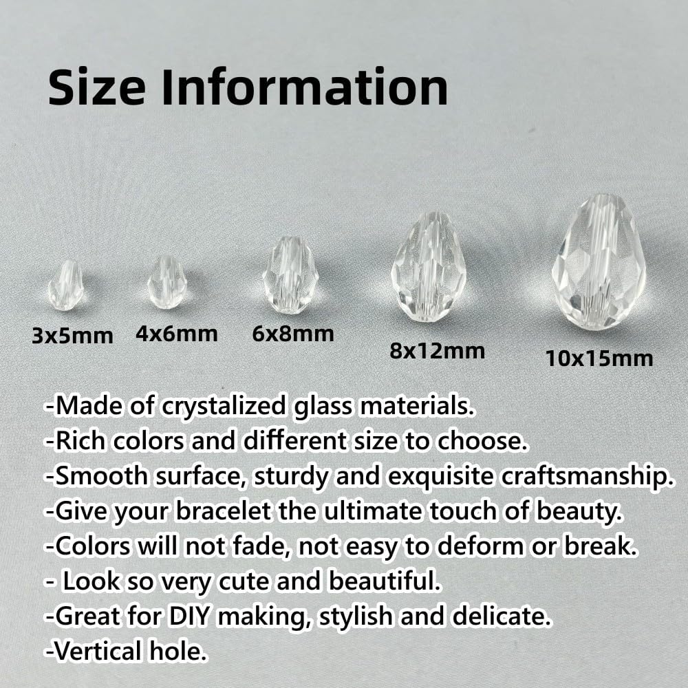 50pcs 10x15mm Teardrop Crystal Glass Beads for Jewelry Making, Faceted Vertical Hole Teardrop Glass Spacer Beads for Wind Chimes Bracelet Earring Necklace DIY Craft(Transparent)