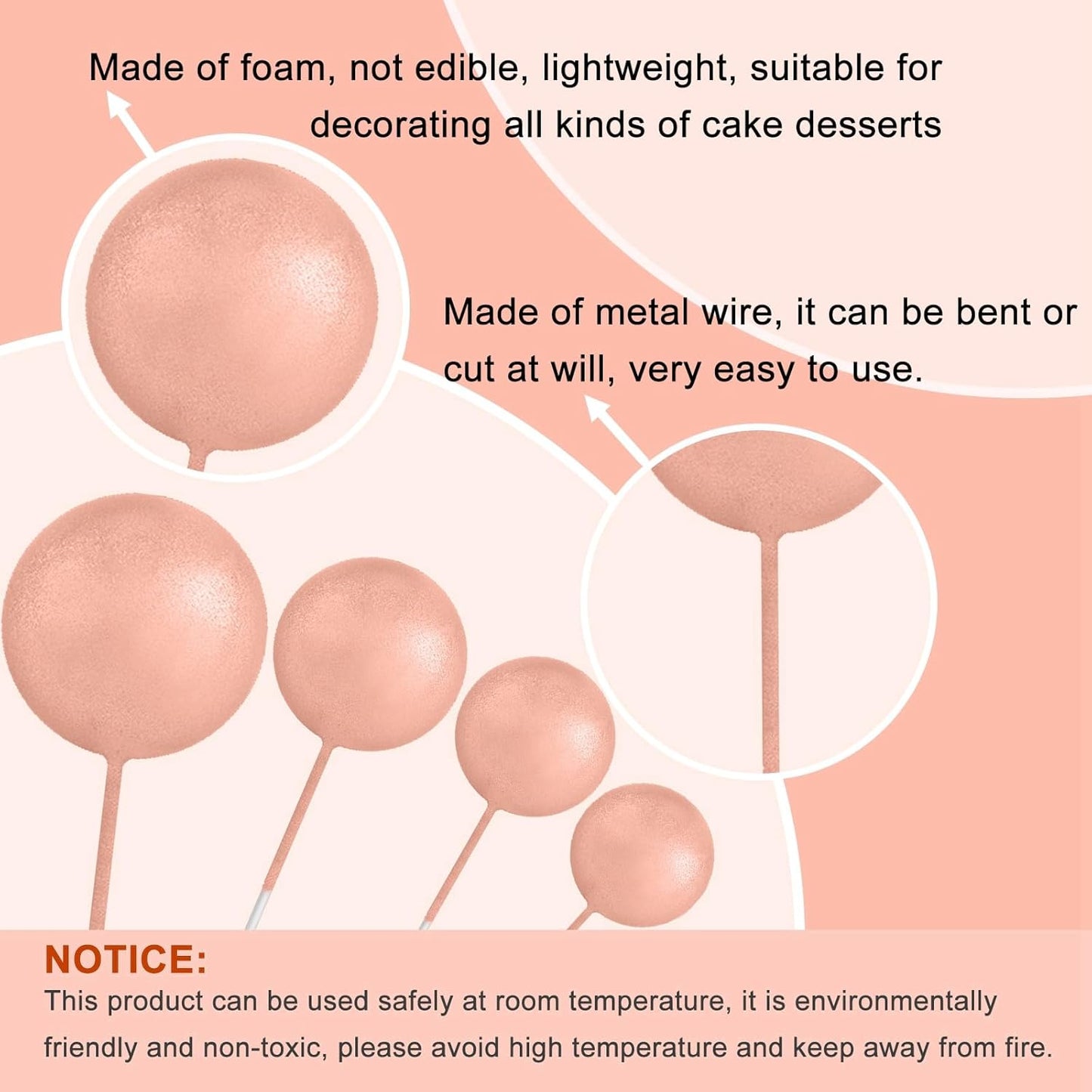 ASTARON 32 Pcs Ball Cake Topper Decorations Mini Balloons Cake Topper Sticks Foam Balls Cake Picks Cake Topper Balls Cake Decorations for Wedding Party Birthday Cake Decorations (Rose gold，Pink)