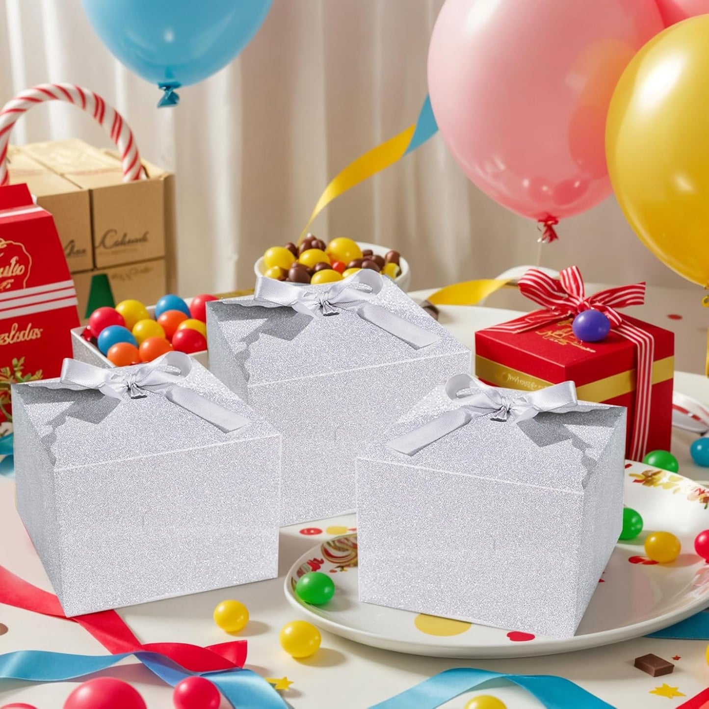 VGOODALL Sliver Glitter Gift Boxes, Paper Treat Boxes Shiny Candy Box with Ribbon for Wedding Cookie Chocolates Small Gifts
