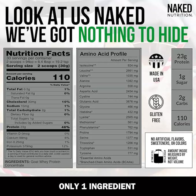 NAKED Goat - Pasture Fed Goat Whey Protein Powder from Small-Herd Wisconsin Dairies, 2Lb Bulk, GMO Free, Soy Free. Easy to Digest - All Natural - 23 Grams of Protein - 30 Servings