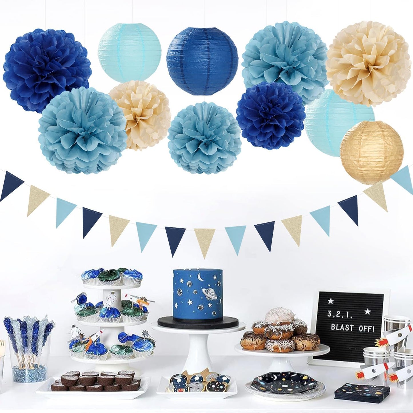 Dusty-Navy Blue Champagne-Gold Paper-Flowers Lanterns - 15pc Christmas Graduation Party Decorations Tissue Pom Poms Streamers,Birthday Bachelorette Bridal Baby Shower Engagement Wedding Decor Panduola