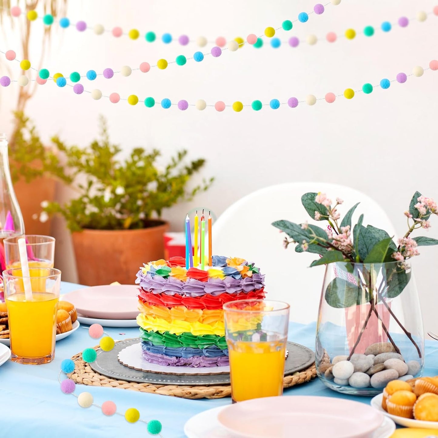 3 Pack Pom Pom Garland Colorful Felt Ball Garland Decorations, 6.5 Feet Long with 30 Balls Banner Hanging Supplies for Birthday, Parties (Rainbow Colors)