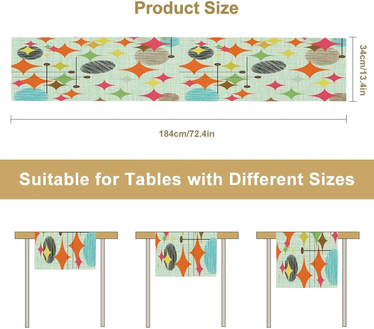 Mid Century Table Runner,Abstract Retro Modern Geometric Colorful Stripe Pattern Print Tablecloth Burlap for Hotel Indoors Outdoor Dining Room Kitchen Holiday Party, 13x90in