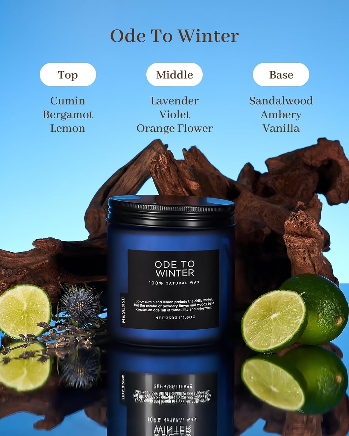 M&SENSE Ode to Winter - Lavender Sandalwood Scent 11.6oz Natural Soy Wax Non Toxic Candle, Up to 70 Hours Burn Time Winter Scents, 2 Cotton Wick Jar Candle Home Scented Gift