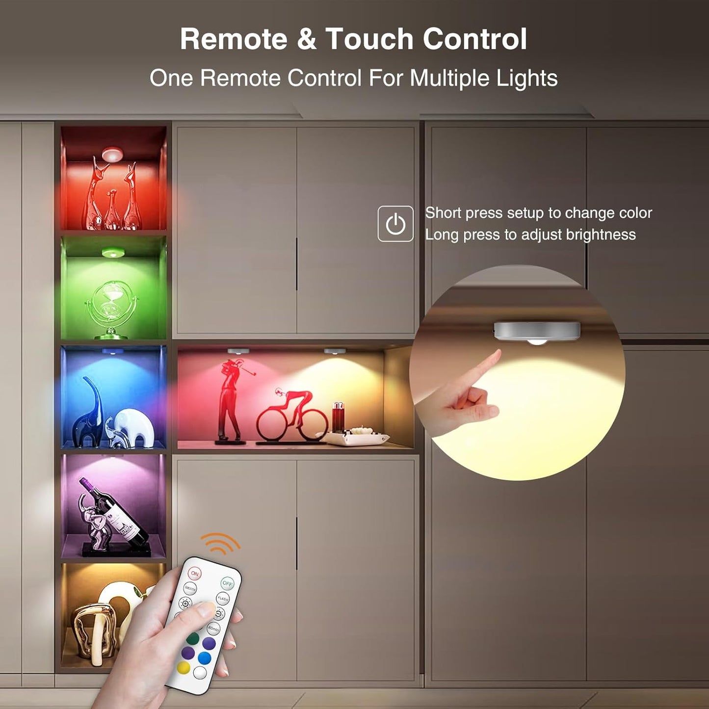 RGB Puck Lights with Remote Control, 2000mAh Rechargeable Stick on Led Lights, 9 Colors & 2 Dynamic, Tap Light with Timing,Under Cabinet Lighting for Closet,Kitchen,Cabinet,Shelf(Silver, 3 Pack)