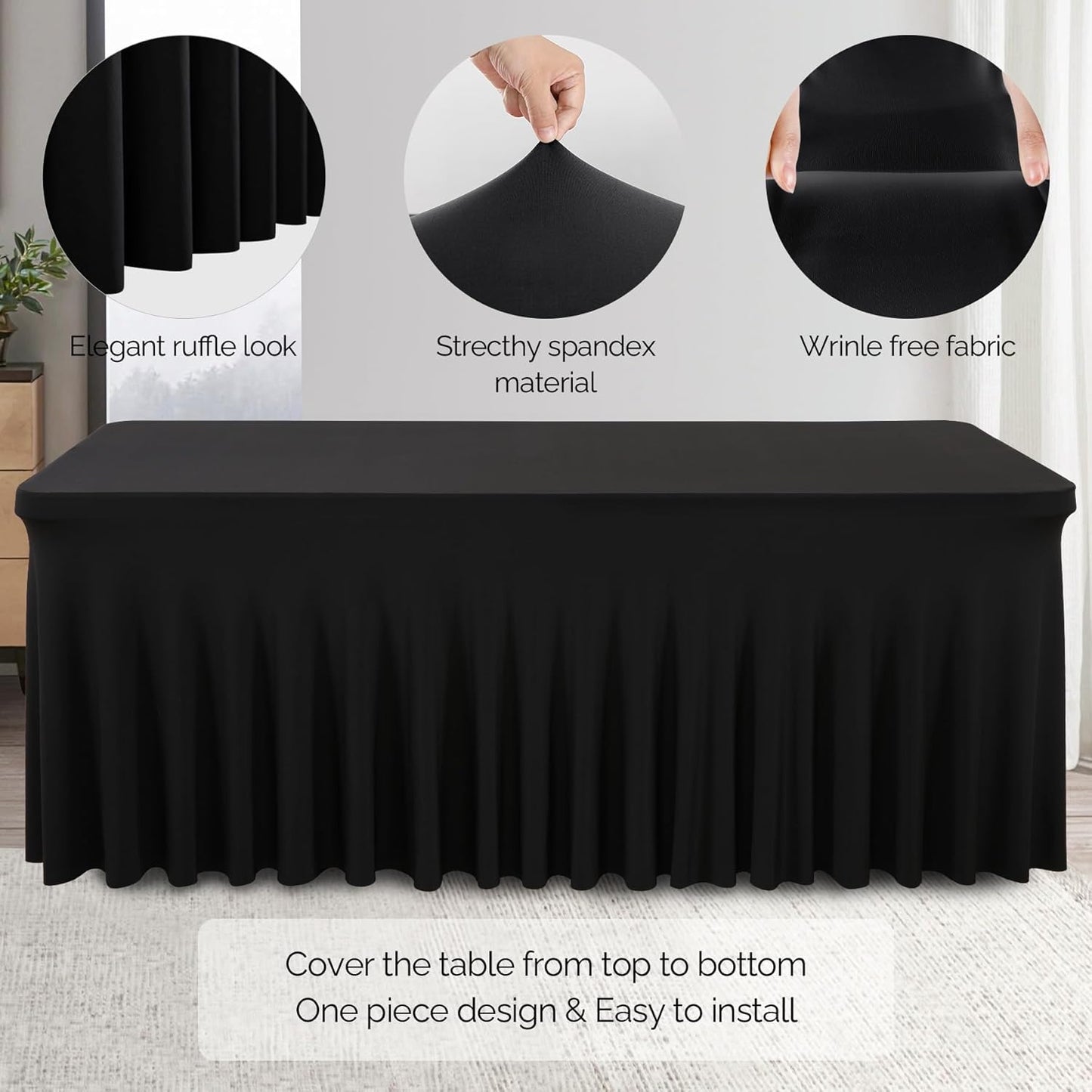 Wish Care 2 Pack Black Spandex Table Cloths for Rectangle Tables 8ft - One-Piece Wrinkle Free Fitted Table Cover 8 Foot Stretch Tablecloths for Party, Banquet, Wedding and Events