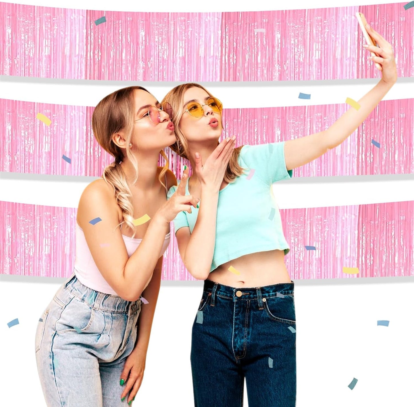 4P Metallic Foil Fringe Tinsel Streamer Banner Table Skirts for Rectangle Tables Backdrop Garland Curtains for Parade Floats Wedding Graduation Anniversary Birthday Parties Decoration (Makaron Pink)