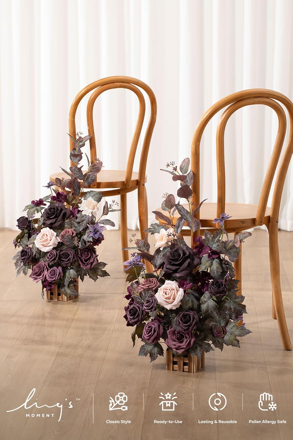 Ling's moment 17.5" Tall Standing Artificial Flowers Arrangements 4 pcs Fall Wedding Aisle Runner Chair Decorations Deep Plum Centerpieces for Ceremony Reception Rose Floral Party Outdoor