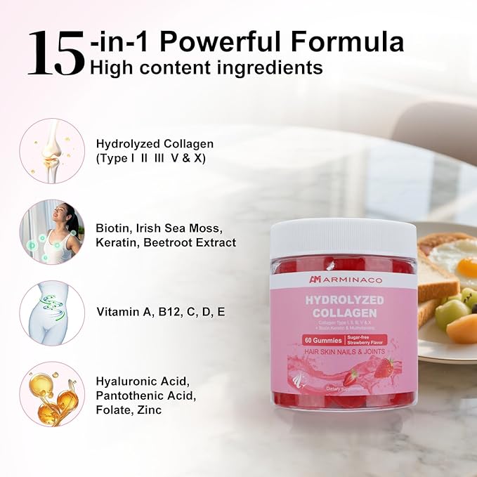 Collagen Gummies for Women – Low Sugar, Strawberry Flavor, Type I II III V X Collagen with Biotin, Vitamin C D B12 Zinc – Hydrolyzed Peptides for Hair Skin Nails Joints – 2 Pack (120 Gummies)